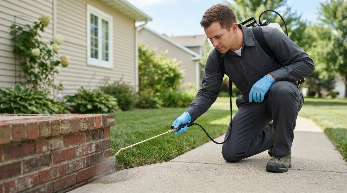 Pest control technician treating a home near Livermore, CO